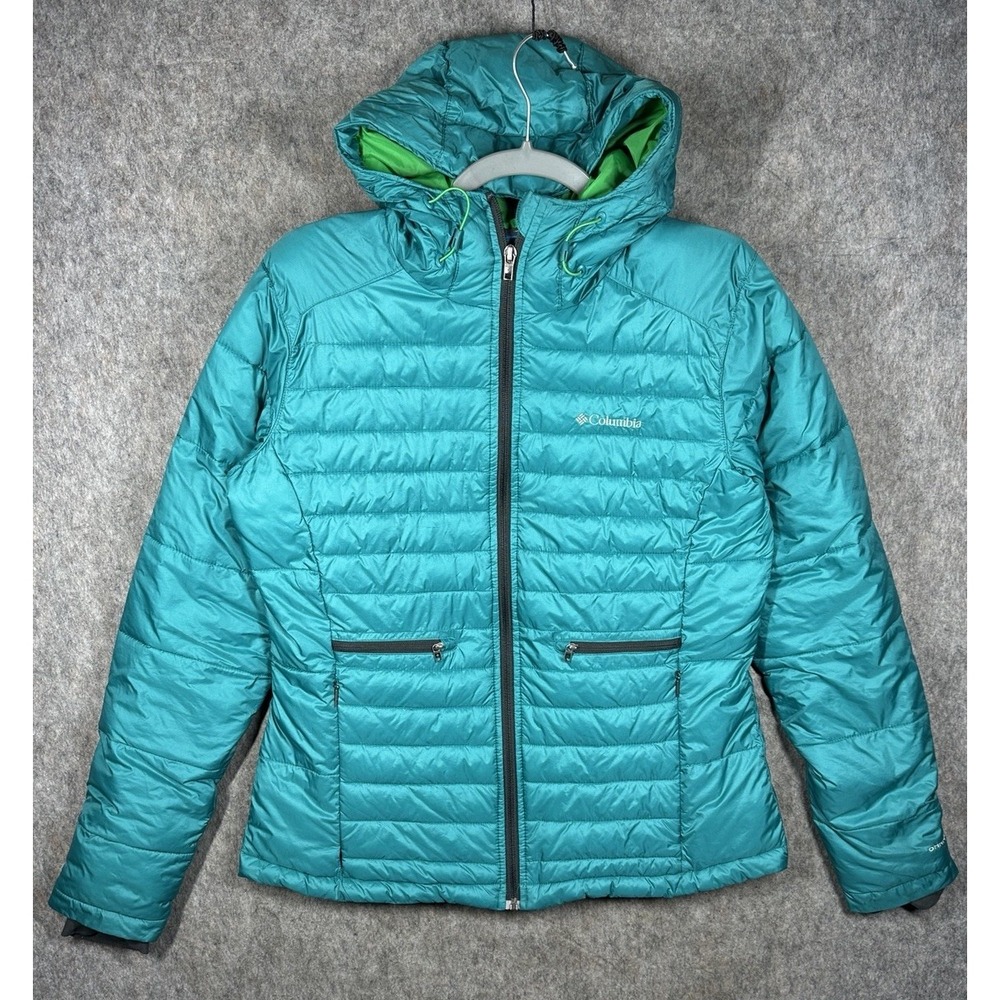 Columbia Powder Lite Hooded Jacket Womens L Teal Omni-Shield Puffer Insulated